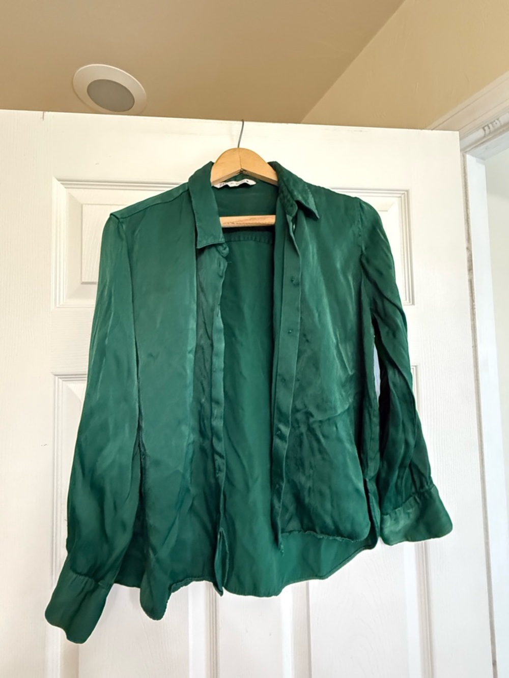 Zara Deep Green Satin Button-Down Shirt